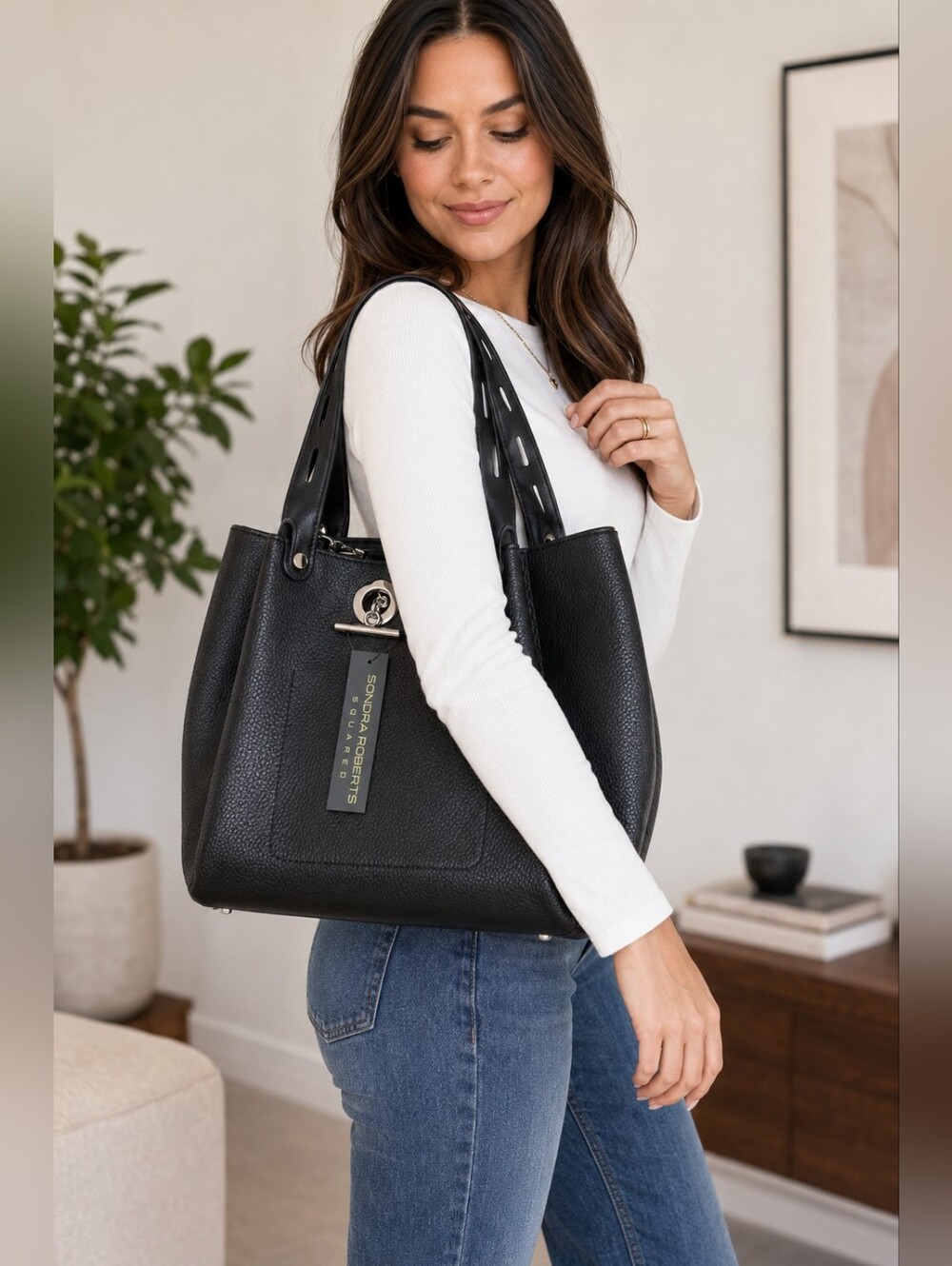 Sondra Roberts Squared Black Tote Bag NWT Pebbled Shoulder Purse